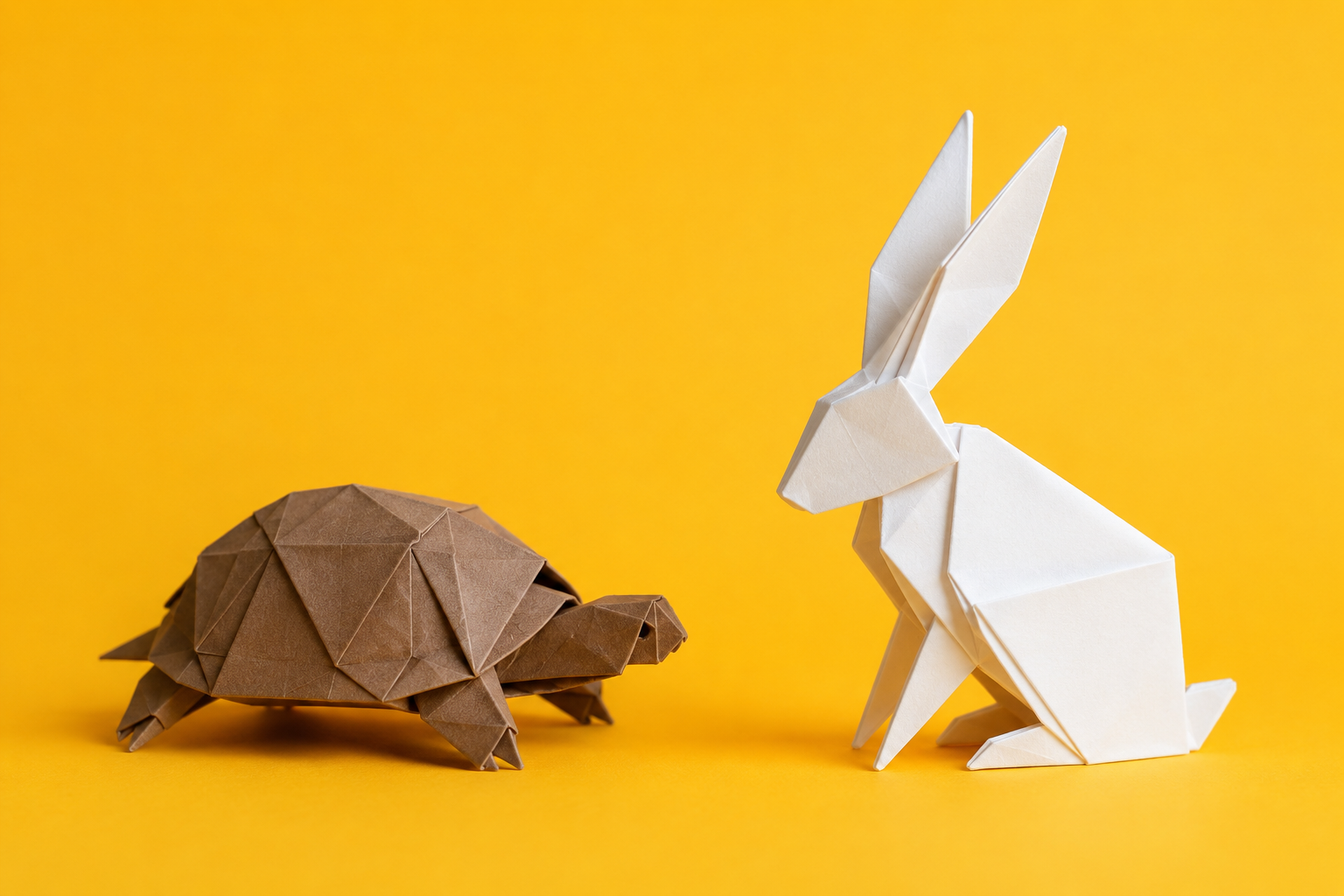 Origami tortoise and hare on a yellow background